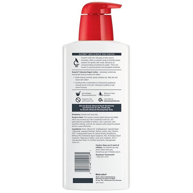Eucerin Intensive Repair Body Lotion for Dry Skin with Alpha Hydroxy, Body Moisturizer for Very Dry Skin, Moisturizes, Exfoliates and Conditions, Paraben Free and Fragrance Free, 16.9 Fl Oz Bottle