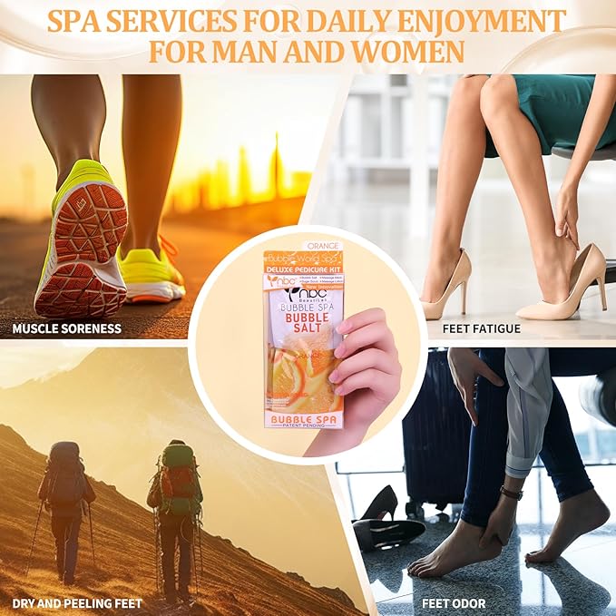 Pedicure Kit Foot Soak Set: Bubble Salt, Sugar Scrub, Massage Mask, Massage Lotion in a Box, 4 Step Foot Spa Kit for Dry Feet, Softens Calluses and Tired Feet（1 Set Orange)