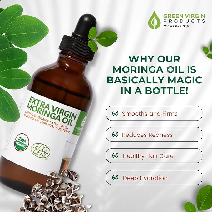 Organic Moringa Oil, Cold Pressed, Extra Virgin, 100% Pure, Food Grade