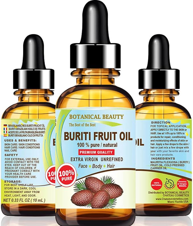 Botanical Beauty Brazilian BURITI FRUIT OIL 100% Pure Natural Virgin Unrefined Cold Pressed Carrier Oil Undiluted 0.33 fl.oz-10 ml for Face, Body, Hair, Lip, Nails