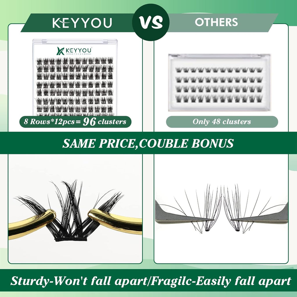 Lash Clusters,96 Pcs Cluster Lashes Y06 D Curl 12mm DIY Lash Extensions Eyelash Clusters,KEYYOU Volume Wispy Individual Lashes Soft&Comfortable Easy DIY at Home(Y06,D-12mm)