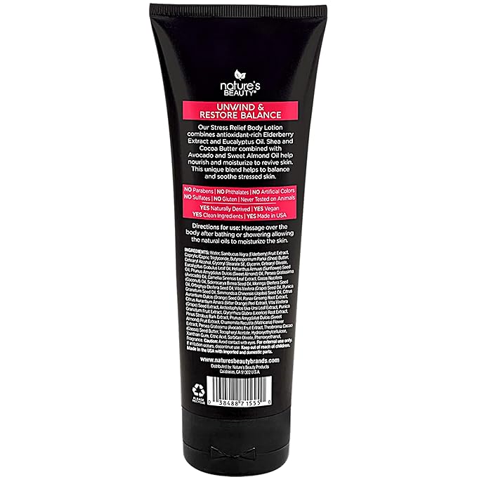 Nature's Beauty Elderberry Eucalyptus Stress Relief Body Lotion Multi-Pack - Lightweight, Non-Greasy Restore Moisturizer, Made w/Shea Butter, Avocado Oil and Sweet Almond Oil, 8 oz (2 Pack)