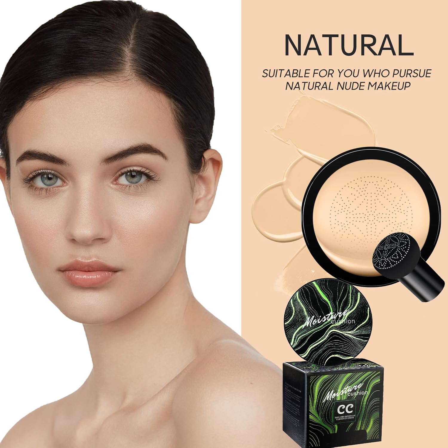 Mushroom Head Air Cushion CC Cream - BB Cream Foundation Makeup Moisturizing Concealer Long-Lasting, Cushion Foundation Full Coverage Self Adjusting for Mature Skin & All Skin Types (Natural)