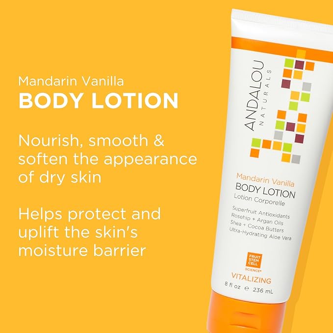 Andalou Naturals Vitalizing Body Lotion, Mandarin Vanilla Body Moisturizer, 8 Oz, Shea Butter, Cocoa Butter, Argan Oil, Rosehip Oil & Aloe Vera, Vegan