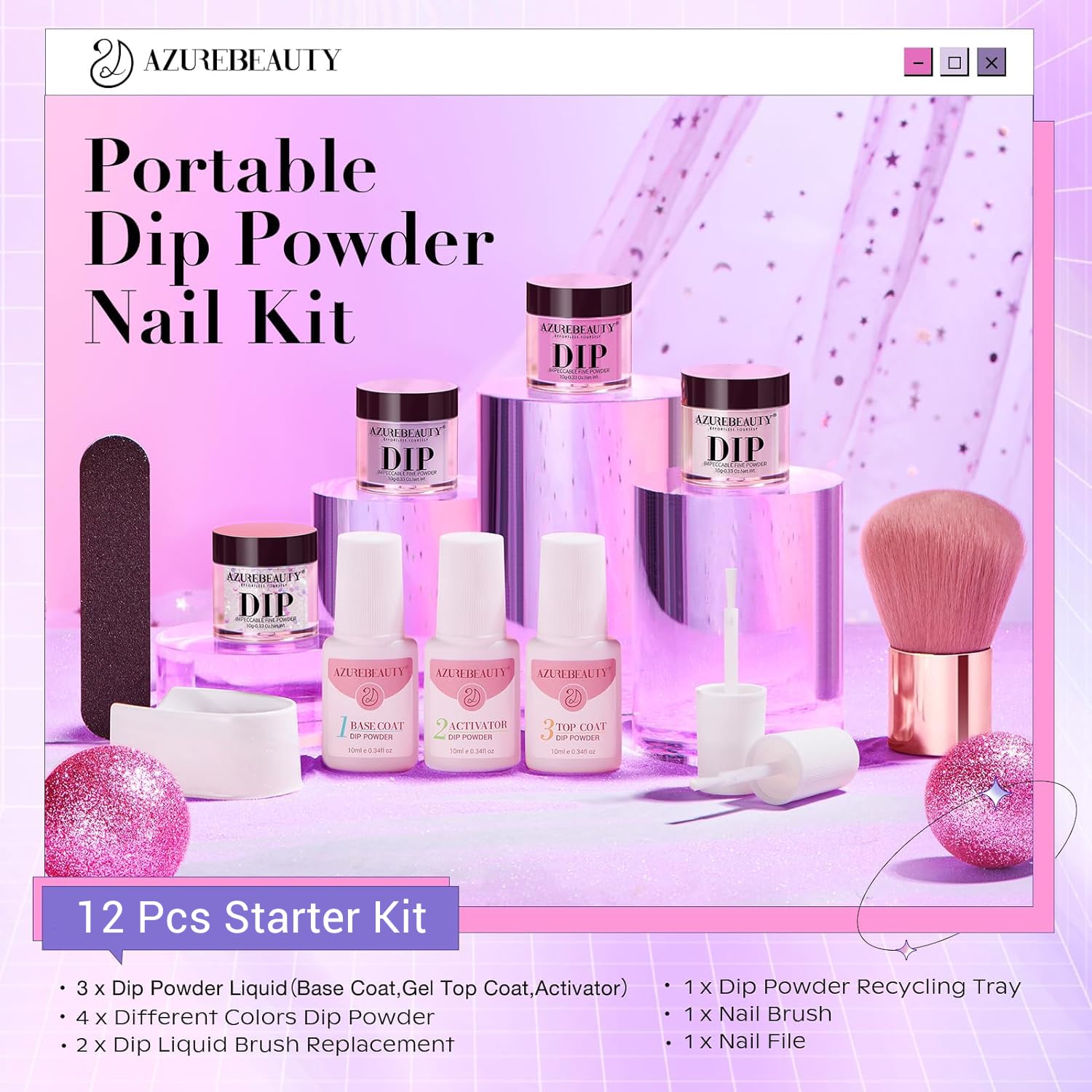 AZUREBEAUTY Dip Powder Nail Kit Starter, Pastel Lavender Pink Glitter, 4 Colors Spring Summer Dipping Powder Set, French Nail Art Base Top Activator Liquid Manicure DIY Salon 12 PCS