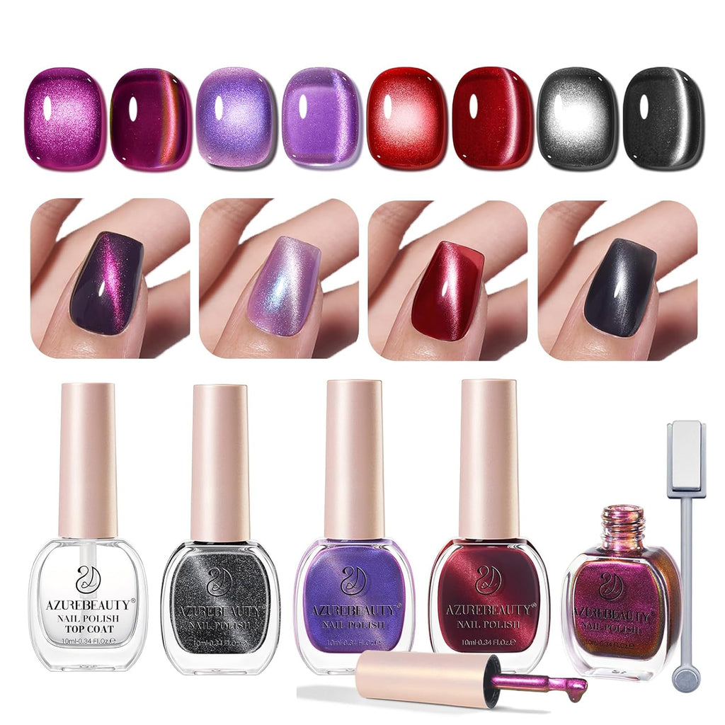 AZUREBEAUTY Cat Eye Nail Polish Set Quick Dry Mooncat Glitter Holographic Purple Black Red 4 Colors Natural Fingernail with Top Coat DIY Salon Home no Gel