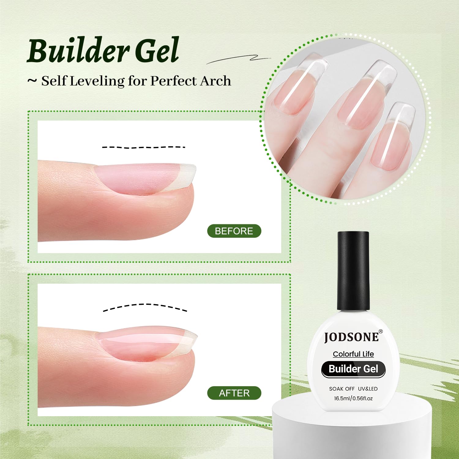 JODSONE 3Pcs 16.5ml Top Coat And Base Coat Set with Builder Gel No Wipe Top Coat Base Gel Builder for Thickening Strengthener Building Extension Need U V Lamp Cured