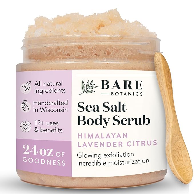 Bare Botanics Lavender Grapefruit Body Scrub 24 oz - Naturally Scented Himalayan Salt Scrub Made in Madison WI - Formulated w/Skin Loving Moisturizers - Cruelty Free Exfoliator w/a Cute Wooden Spoon