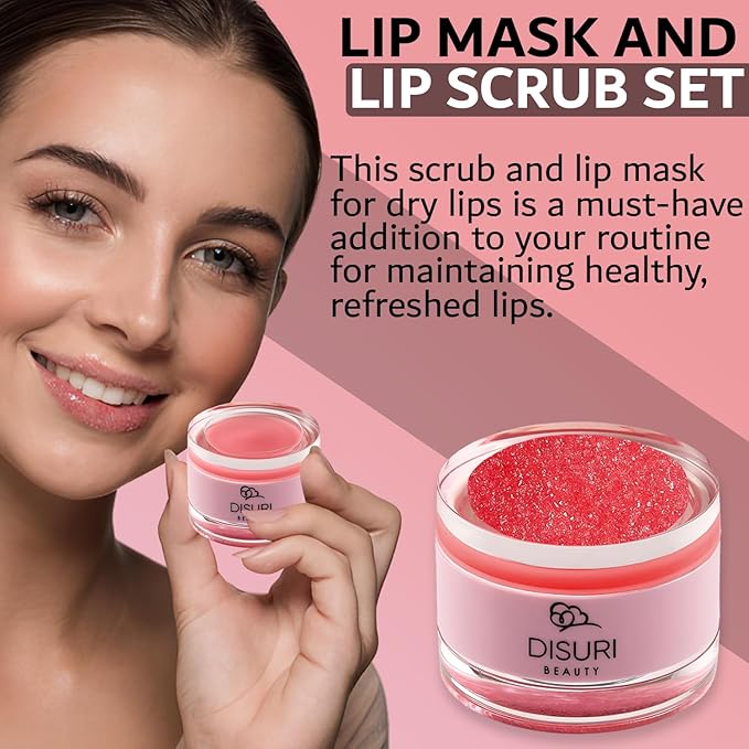Lip Mask and Lip Scrub Set - Moisturizing Lip Scrub for Exfoliating and Smoothing Lips, Cruelty-free - Improves Texture, Hydrates, and Softens Chapped, Dark Lips Skin - (Strawberry)