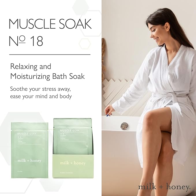 milk + honey Muscle and Bath Soak No. 18, with Eucalyptus, Arnica, Rosemary and Sweet Marjoram Moisturizing Soak, Sea Salt and Epsom Salt Bath, 6 Packets