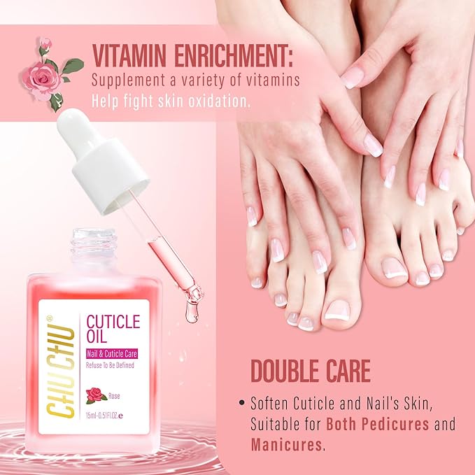 CHUCHU Cuticle Oil for Nails: Rose Jojoba Nail Cuticle Oil for Repair and Strengthening Nails - Vitamin B & E Moisturizes Cuticle and Nail's Skin - Prevents Hangnails and Chapped 15ML