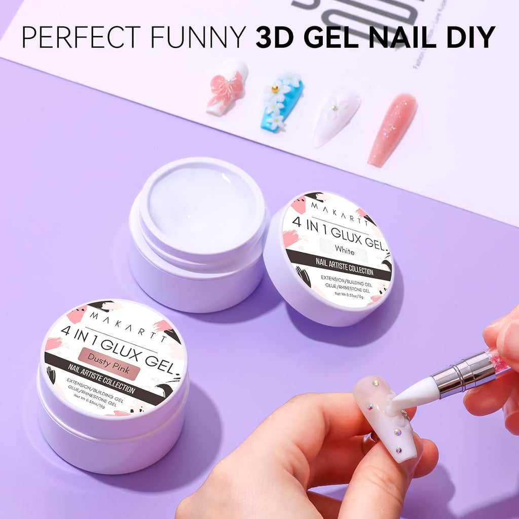 Makartt 3D Gel Nail Art: 4-in-1 Solid Gel Builder Non-sticky for Extension, 2pcs White and Dusty Pink 3D Sculpting Gels, UV Glue for Fake Nails, Rhinestones & Carving Hard Gels for UV/LED Lamp Require