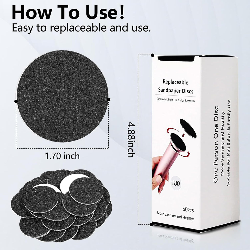 60 Pcs Replaceable Sandpaper Refill Discs for Electric Foot File Callus Remover Foot Care Dead Skin Cracked Hard Skin Removal (Fine 180 Grit)