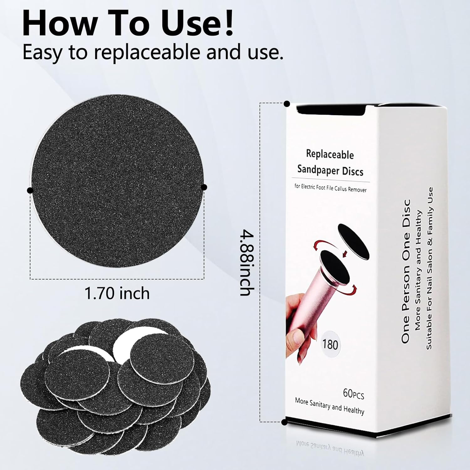 60 Pcs Replaceable Sandpaper Refill Discs for Electric Foot File Callus Remover Foot Care Dead Skin Cracked Hard Skin Removal (Fine 180 Grit)