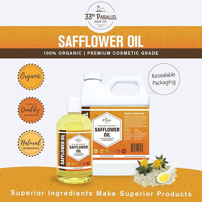 ORGANIC SAFFLOWER OIL (32 oz) Premium Cold Pressed Unrefined | 100% Pure Safflower Oil for Skin, Face, Hair, Soap Making | Carrier for Essential Oils | Available in Bulk | 32 FL OZ
