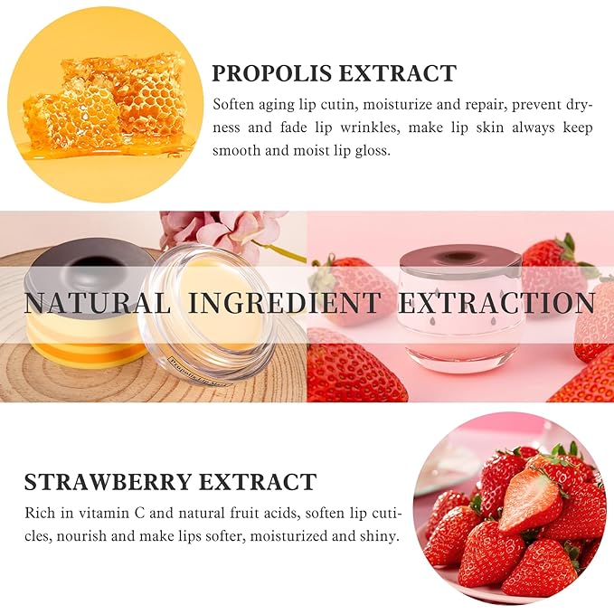 4 PCS Honey Lip Balm Pot, Strawberry & Honey Lip Mask, Reduces Lines, Hydrate & Moisturizing Skin Care, Prevention Dry Cracked Lips Repair Treatment