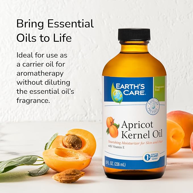 Earth's Care Apricot Kernel Oil - Apricot Oil for Skin and Hair with Vitamin E - Expeller Pressed, Glass Bottle - 8 Fl OZ