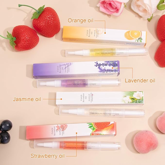 Meschett Cuticle Oil Pens with Nail File for Nail Care, 4PCS Nail Pen Oil with Natural Ingredients, Fingernails and Toenails Oil Cuticle for Repairing Cracked(Mix Flavors)