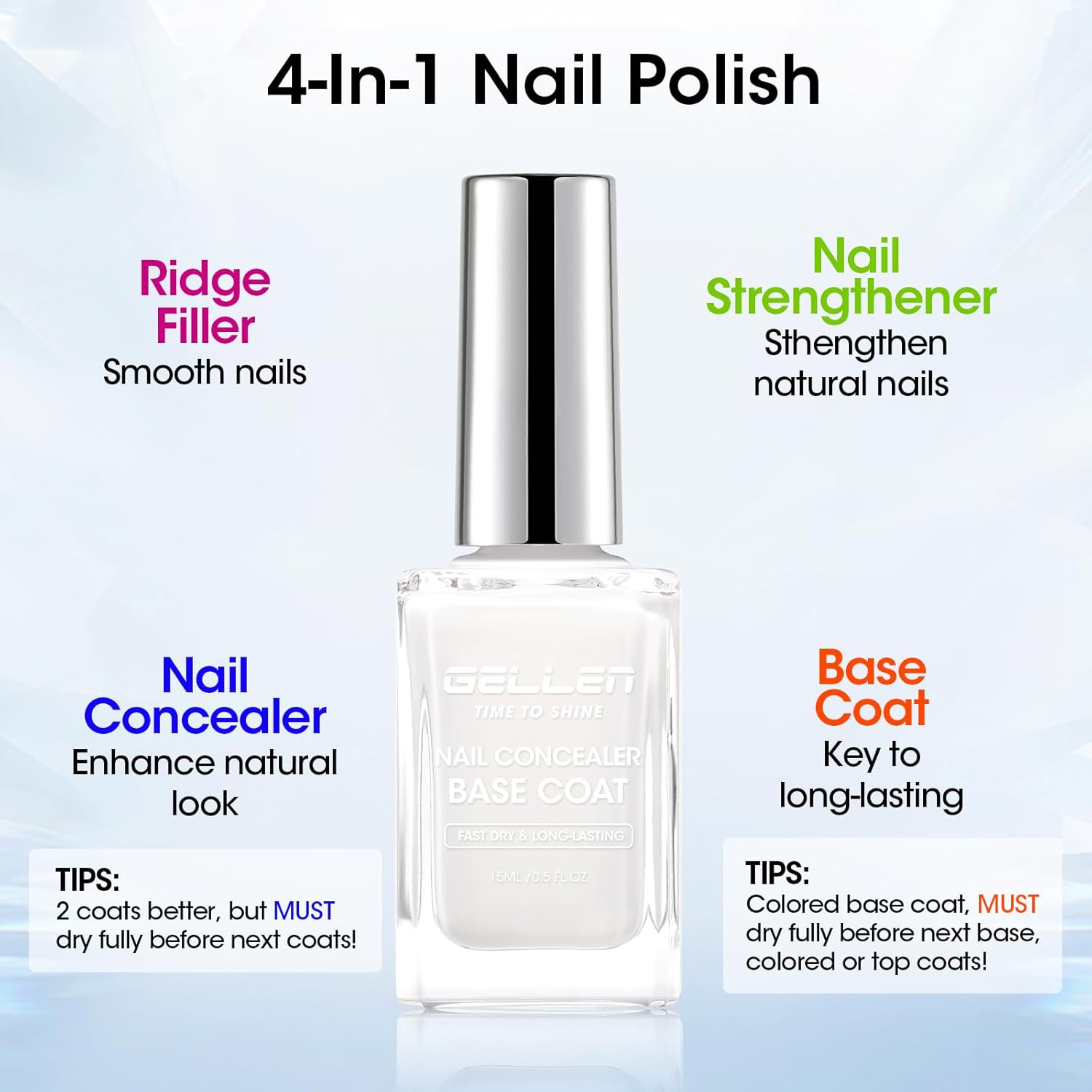 Gellen 4-In-1 Illuminating Nail Concealer Base Coat Polish Milky White, Nail Strengthener Ridge Filler For Nails, Sheer Nail Polish Smooth Strengthen Natural Nails, Quick Air Dry, Hema Free, Non-toxic