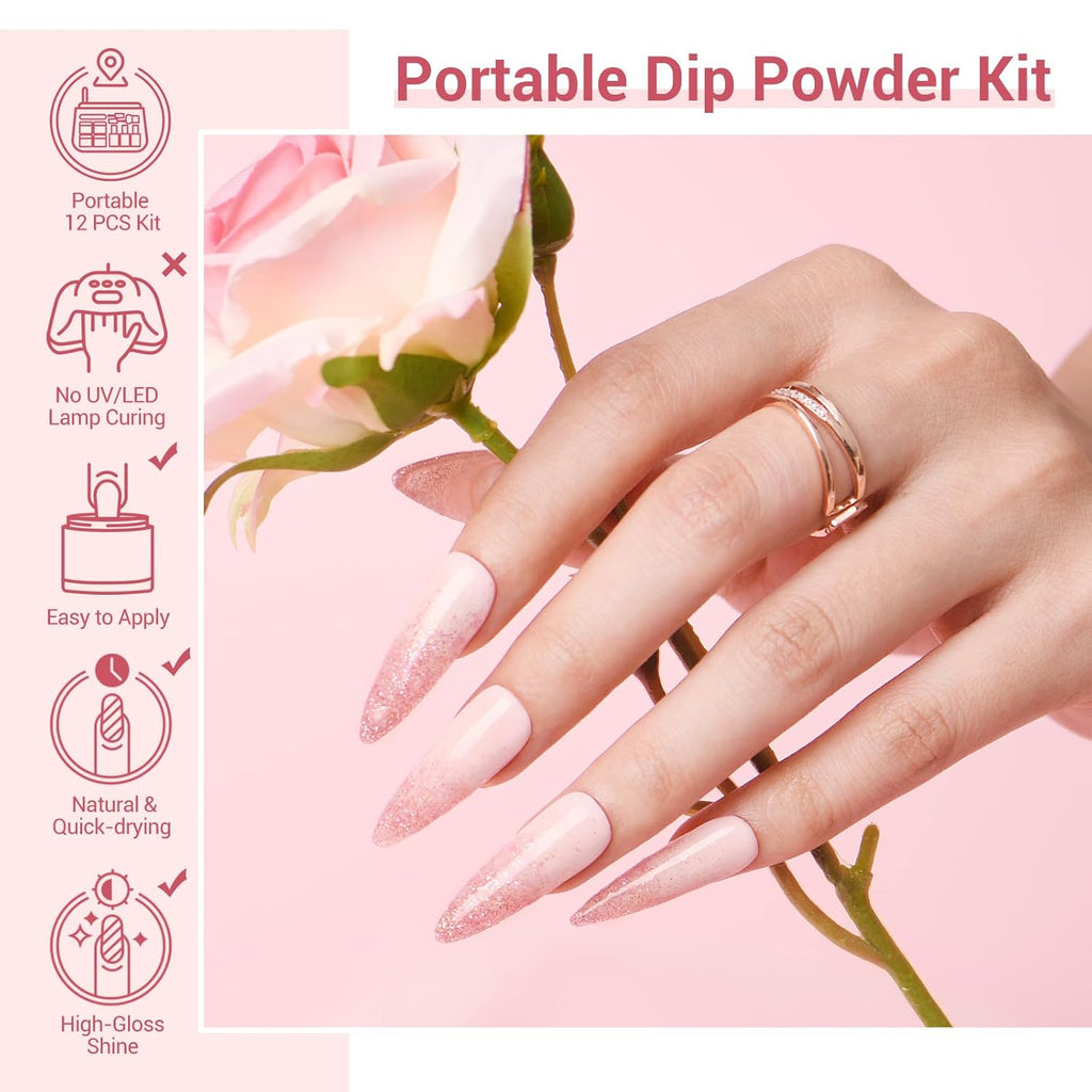 AZUREBEAUTY Dip Powder Nail Kit,4 Colors Nude Pink Glitter Hues,Starter Set for French Nails & All Seasons,Includes Base Coat, Top Coat, Activator & DIY Salon Liquids