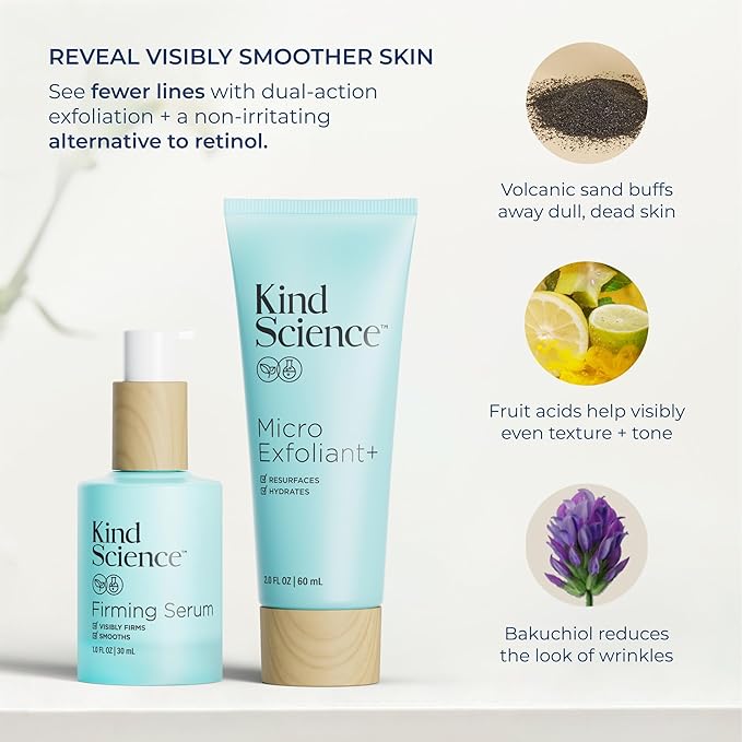 Kind Science by Ellen DeGeneres Firm + Smooth Duo, 2-Piece Skin Care Set with Micro Exfoliant & Firming Face Serum - Hyaluronic Acid Serum & Exfoliating Face Wash