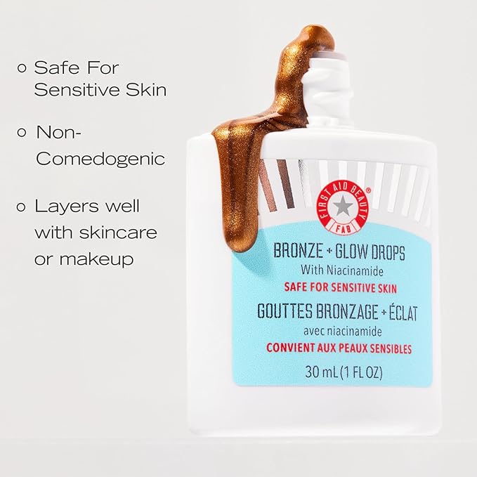 First Aid Beauty - Bronze + Glow Drops with Niacinamide, Visibly Evens Skin Tone, Blurs Pores and Hydrates for 24 hours with a Bronze Kiss of Color, Non-Comedogenic, Safe for Sensitive Skin, 1 oz