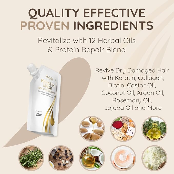 VITAMINS hair cosmetics Keratin Hair Mask Deep Conditioner - Biotin Collagen Protein & Castor Oil Repair for Dry Damaged Hair - Conditioning Treatment for Curly or Straight Thin Fine Locks