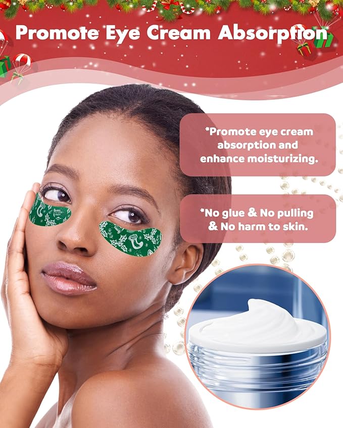 2 Pairs Reusable Under Eye Wrinkle Patches Silicone Mask, Plump Fine Lines & Wrinkles, with Metal Eye Cream Applicator, Tin Case, Christmas Green