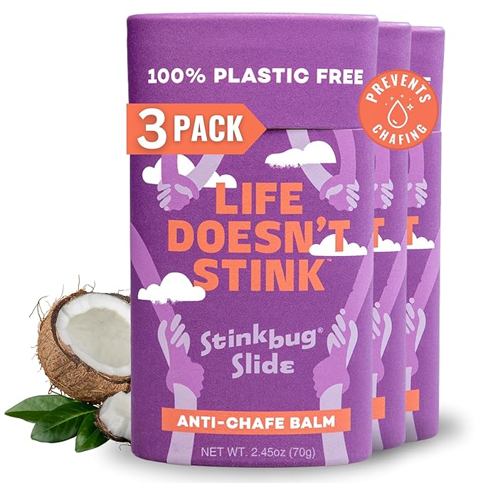 Stinkbug Naturals Organic Plastic Free Anti-Chafe Balm Stick, 100% Natural Ingredients, Aluminum Free Packaging, 2.45 Ounce Pack of 3