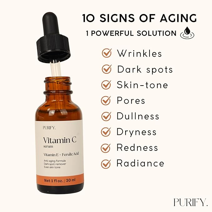 Purify 20% Vitamin C Serum - with Vitamin E & Ferulic Acid - Anti Aging - Brightening Face Serum - Pure Vit C for Dark Spots Correcting, Uneven Skin Tone, Wrinkles, Glow - 1 fl oz.