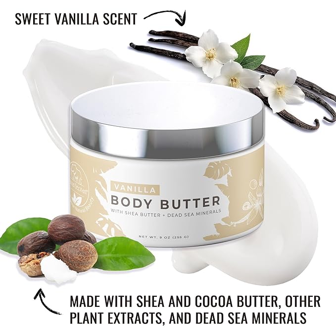 Natural Elephant Body Butter with Shea Butter, Dead Sea Minerals & Vitamin E - Luxurious Moisturizer, Hydrating Cream, Cruelty-Free, Paraben-Free, 9 oz (Vanilla)