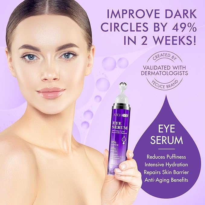 2 Packs Eye Serum for Dark Circles and Puffiness with 8% Caffeine 8% Retinol Hyaluronic Acid Niacinamide, Under Eye Cream Anti Aging for Puffiness and Bags with 360° Eye Roller Ball for Women & Men