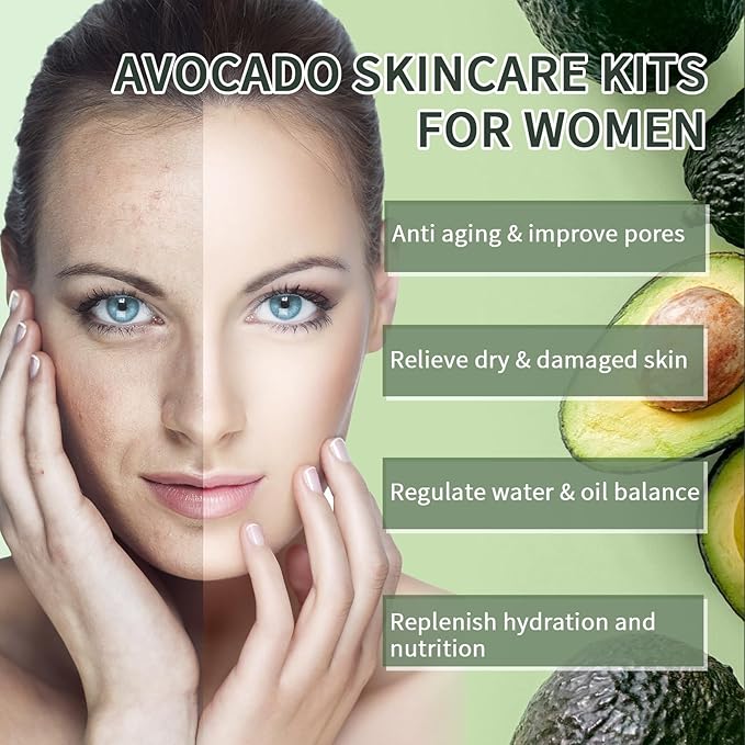 Avocado Skin Care Set, 13-In-1 Travel Skincare Kits for Hydrating & Soothing Skin, Daily Care Routine Kit with Avocado, Anti Aging Facial Kit for Women, Reduces Acne, Fine Lines & Wrinkles.