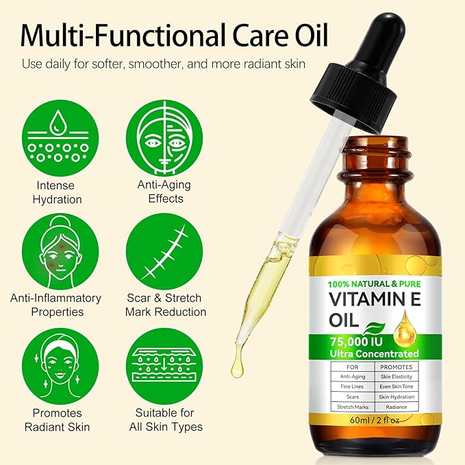 2 Fl Oz Vitamin E Oil Blend 75,000 IU, Vitamin E Oil for Skin, Scars, Face & Full Body, Moisturize Dry Skin and Radiant Skin, Body Bath Oils, Organic Pure Easy to Absorb