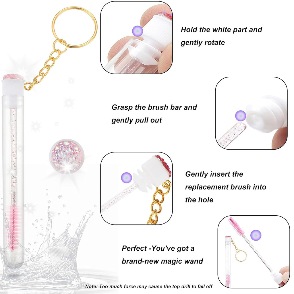 Upgrade 48 Pieces Disposable Mascara Wands Set,Extremely Durable Diamond Mascara for Women and Girls- Include 24 Pcs Crystal Lash Spoolies Brush and 24 Pcs Reusable Keychain Empty Eyelash Brush Tubes