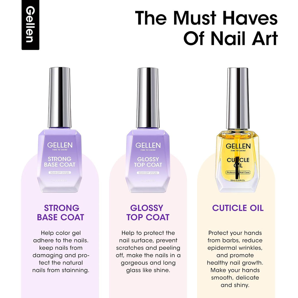 GELLEN 18 ml Glossy Top Coat Gel, Base Coat Gel & Cuticle Oil
