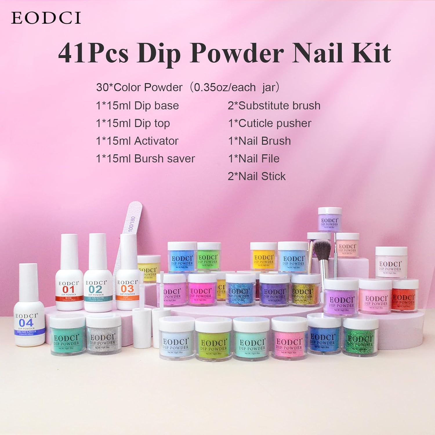 Dip Powder Nail Kit Starter, 30 Colors Dip Nails Bright Hot Pink Glitter, Rainbow Color Acrylic Dipping Powder Liquid Set with Base/Top Coat Activator Brush Saver for Manicure DIY Gift