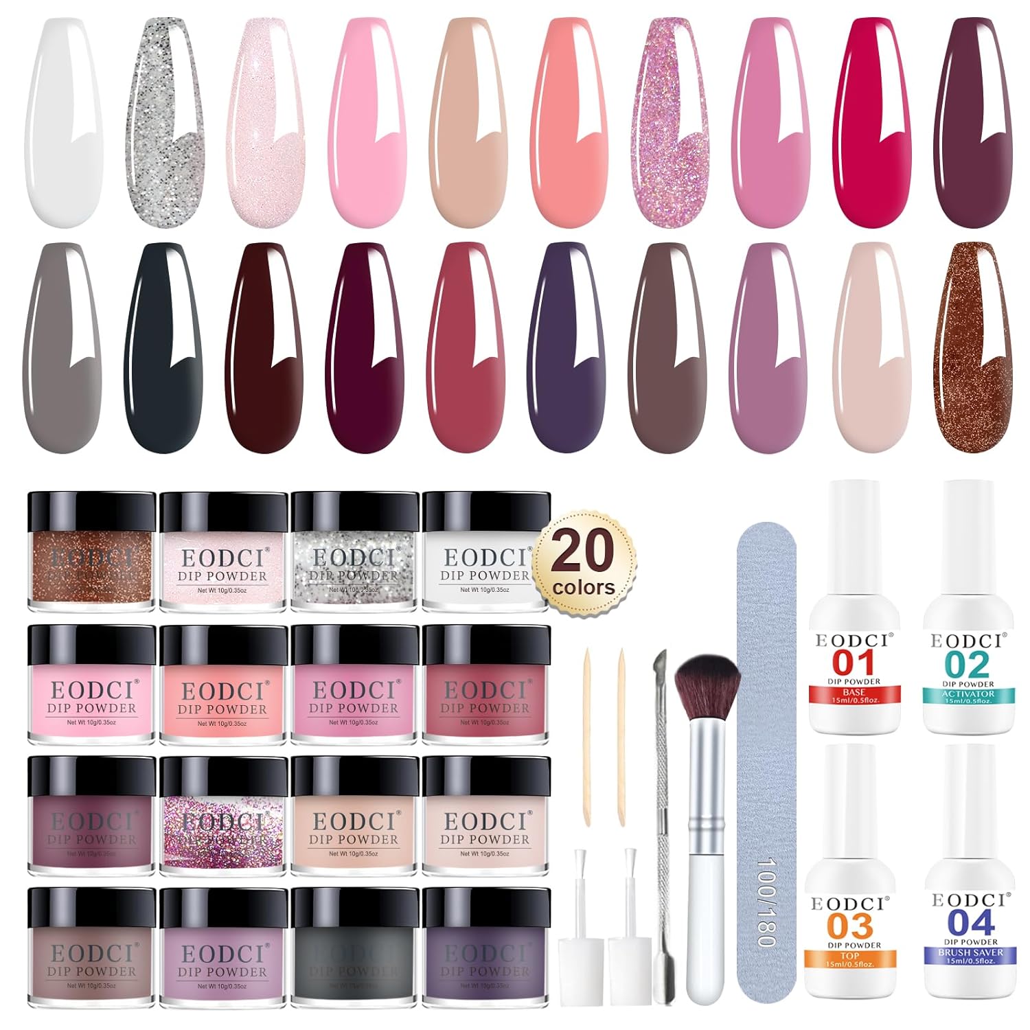 31 Pcs Dip Powder Nail Kit Starter - 20 Colors Nude Pink Skin Dipping Powder Liquid Set with Base Top Coat, Activator, Brush Saver, Nail Buffer and Brush No Needed Lamp Curing