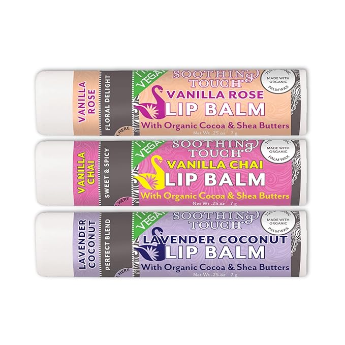 Vegan Lip Balm Set - Variety Pack of 3 Soothing Touch Lip Balms. Includes Bonus Muslin Pouch (3 x 4 in). Unique Gift Bundle from Tiny Seed (Lavender Coconut, Vanilla Chai, Vanilla Rose)