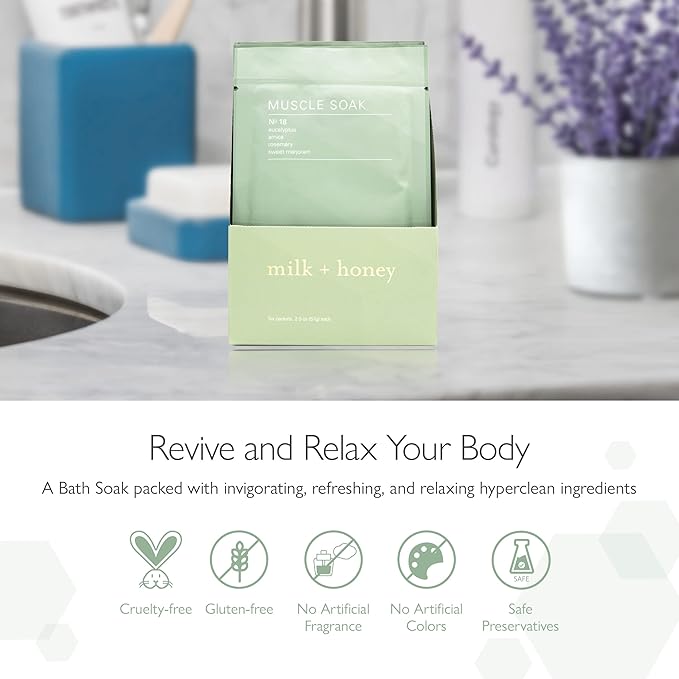 milk + honey Muscle and Bath Soak No. 18, with Eucalyptus, Arnica, Rosemary and Sweet Marjoram Moisturizing Soak, Sea Salt and Epsom Salt Bath, 6 Packets