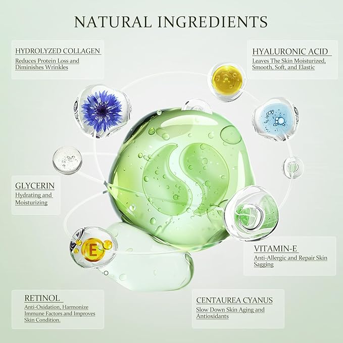 Under Eye Patches Masks - for Dark Circles, Eye bags puffiness Smoothing Skin Care Treatment, and Fade Wrinkles, Fine Lines with Collagen and Hyaluronic Acid for Women and Men, (60 Pcs) Green