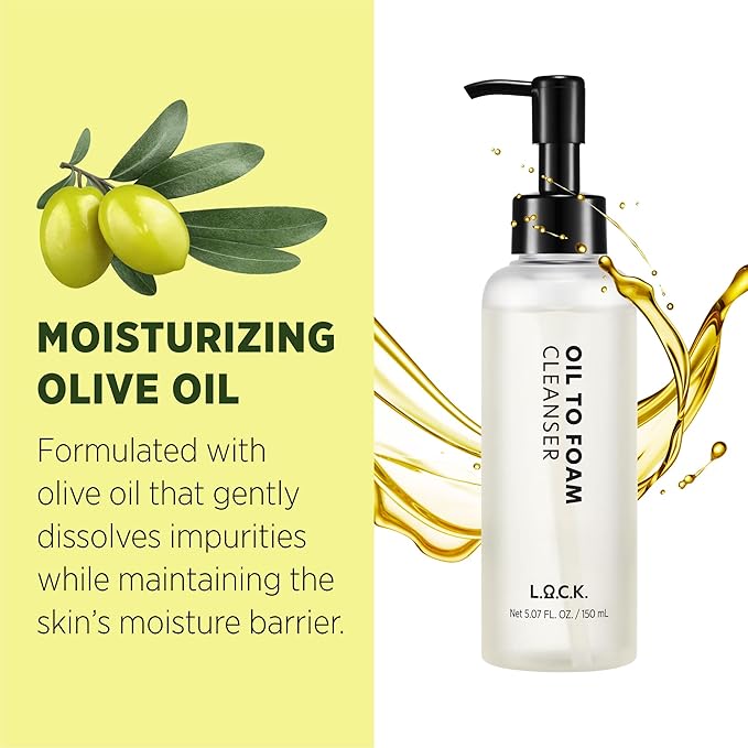 L.O.C.K. Oil To Foam Cleanser - Vegan Olive Based Cleanser, Makeup Remover, Best For Waterproof Makeup, Vegan, Natural Skincare, Gentle For Everyone, Premium Quality, Clean Beauty, 5.07 Fl Oz. 150ml