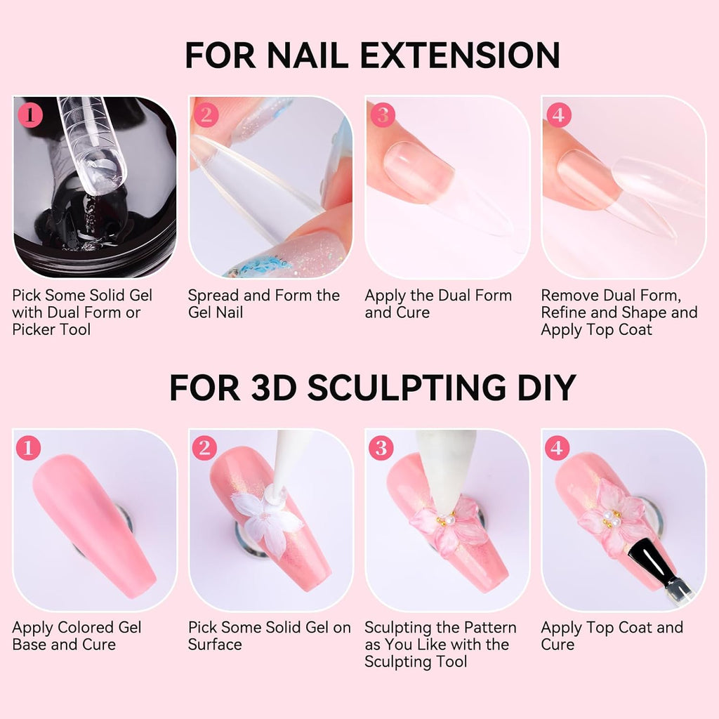 Makartt 3D Gel Nail Art: Solid Gel Builder for Nails Starter Kit, 30ml Clear for Extension 3D Sculpting Carving DIY Manicure, Molding Hard Gels with Gold & Silver Chrome Powder Silicone Molds & Brush