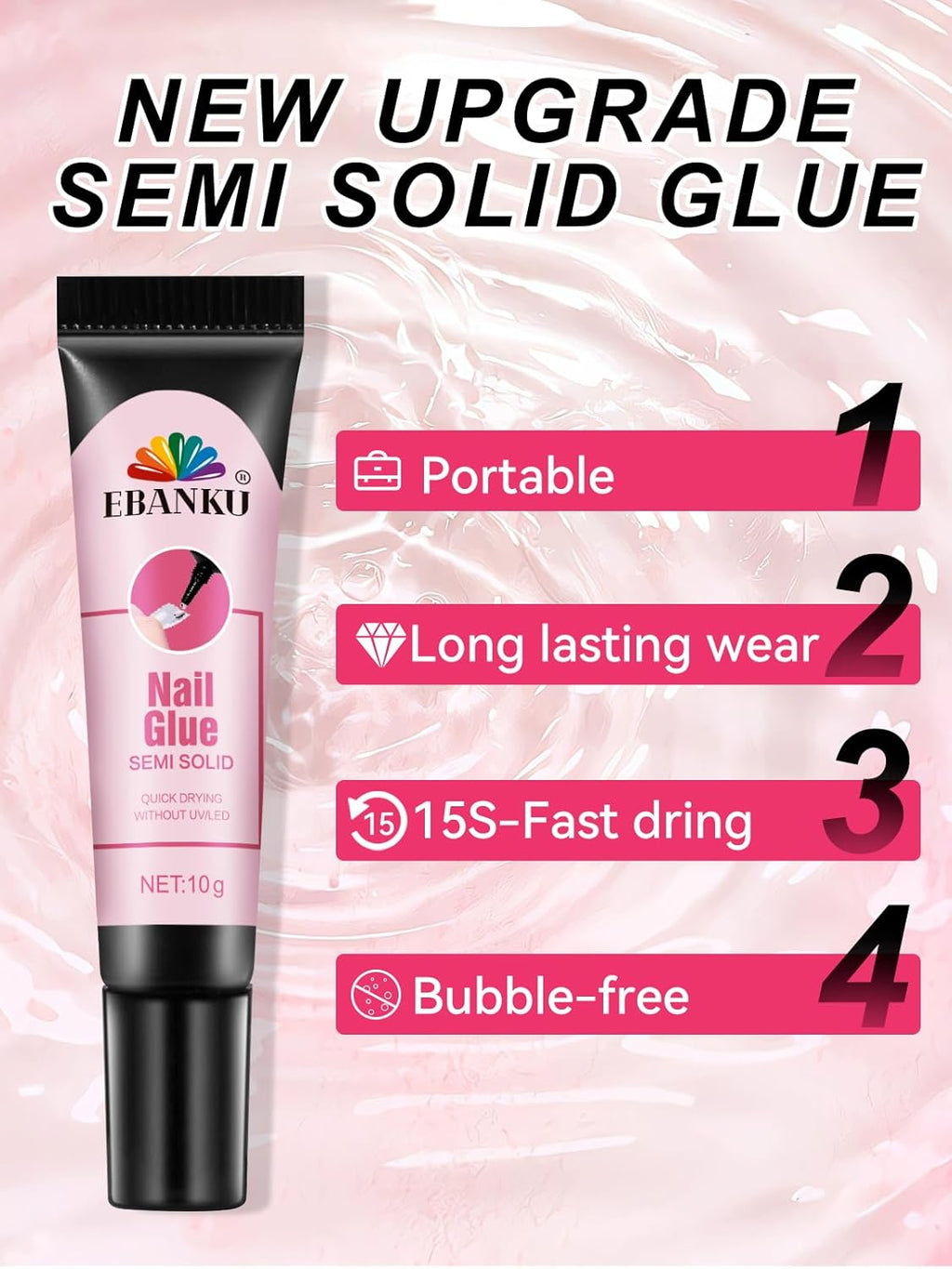Semi Solid Nail Glue Gel with Nail Glue Remover, EBANKU Quick Drying Solid Super Glue for Press On Nails, No UV Light Needed, 10ml Gel Nail Remover for Fake Acrylic Nails