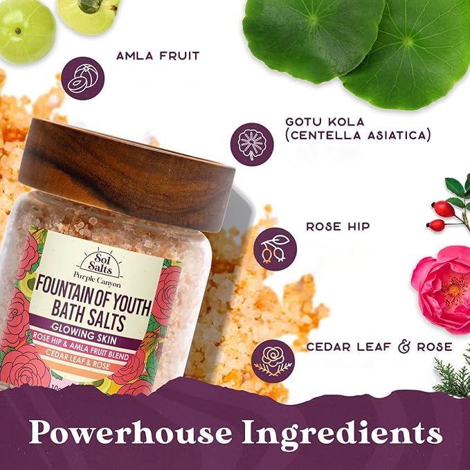 PURPLE CANYON SolSalts Fountain of Youth Bath Salts | Lavender, Rose, & Cedar Leaf Scented Detox Soak with Epsom Salt, Amla & Rosehip for Glowing Skin