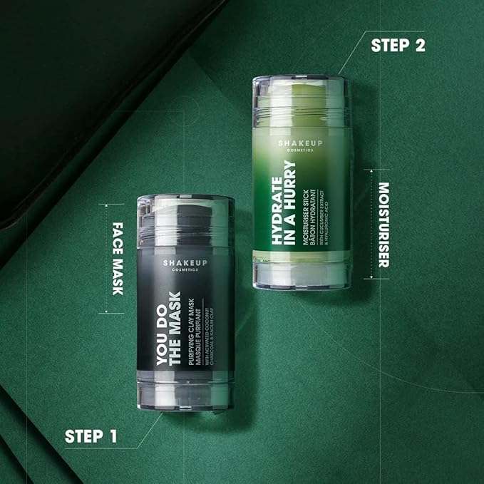 Mens Skincare Sticks Duo, Vegan Formula Including a Moisturiser Stick and Charcoal Face Mask Stick, 2-Step Skincare Kit Perfect for Him. Aka. SHAKEUP THE SKIN STIX DUO