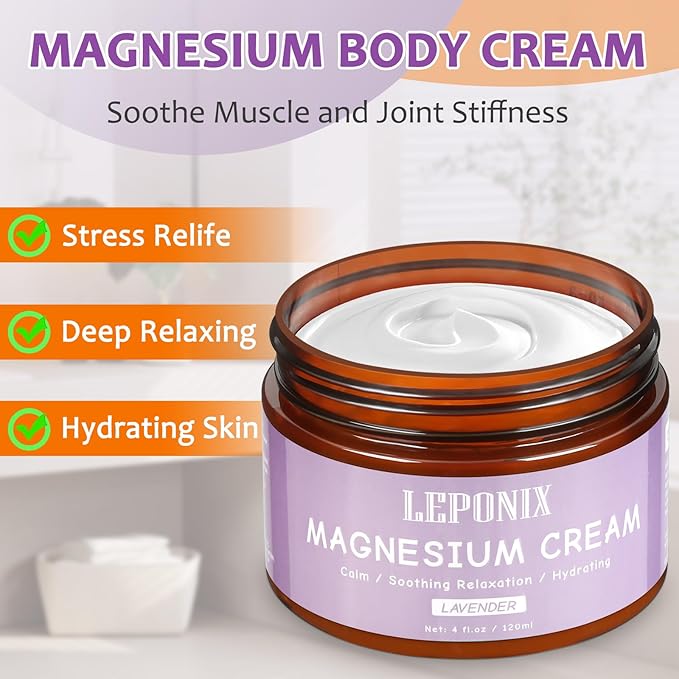 LEPONIX Magnesium Cream for Sleep - Topical Magnesium Lotion for Muscle Relaxation, Leg Cramps, Pain Relief & Better Sleep, Soothing Magnesium Body Butter for Adults & Kids (120ml, Lavender)
