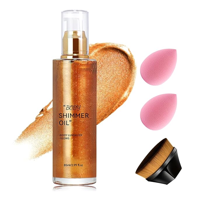 Gold Body Shimmer Oil,Moisturizing Body Oil for Body and Face Highlighter Makeup,Gold Glitter Glow,Waterproofing Long Lasting Body Luminizer Glow with Brushes and Makeup Sponge,85 ml