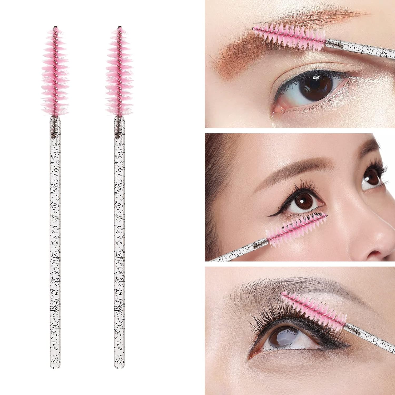 100 Pcs Disposable Eyelash Brush, Mascara Wands Makeup Brushes Applicators Kits for Eyelash Extensions, Eyebrow Brush with Container (Pink, Black)
