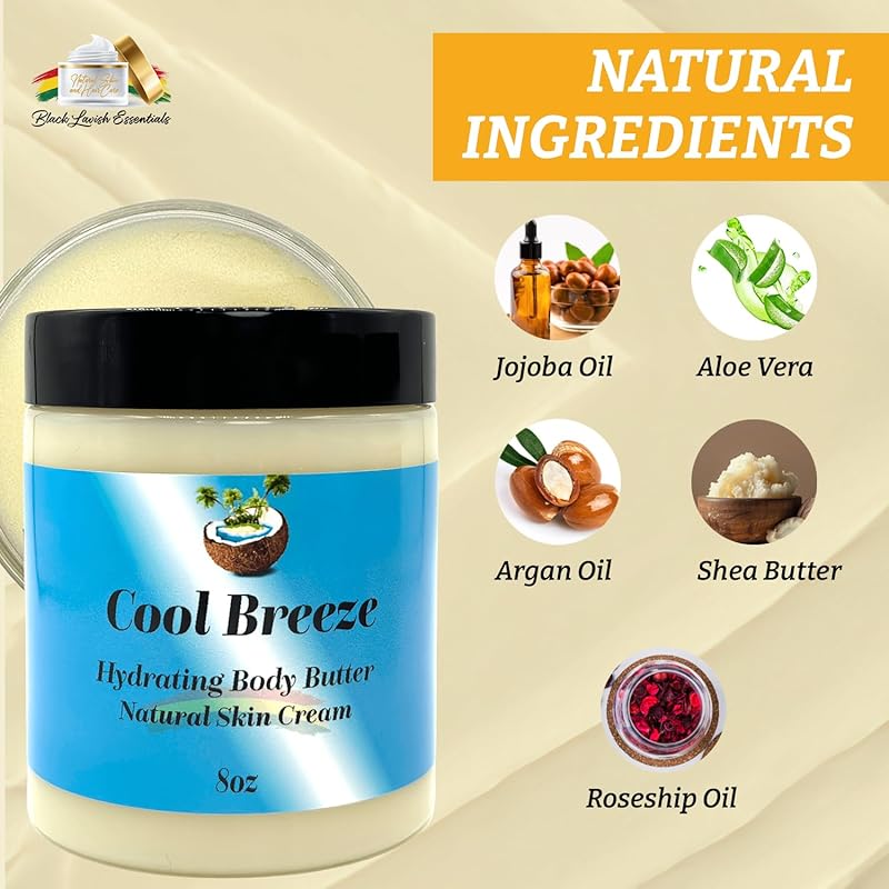 Ultra-Soft Shea Body Butter, Dry Skin Cream for Radiant Moisturized Skin, Natural Hydrating Body Lotion with Aloe Vera, Argan Oil, Rosehip Oil, (Cool Breeze, 8oz)